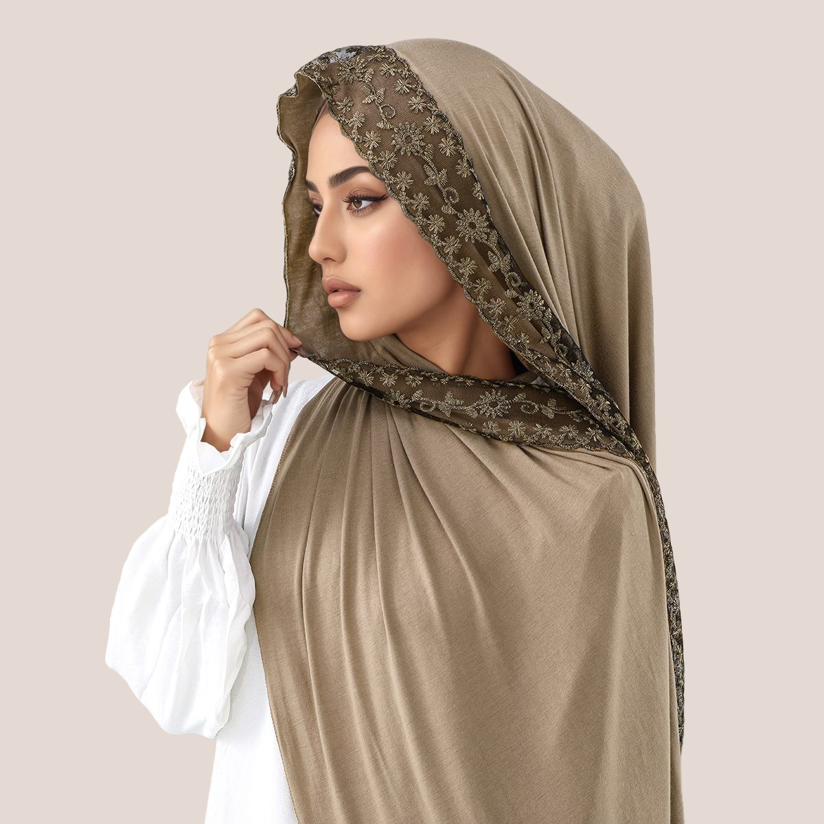 Embroidery Hijab - Хлопковый трикотаж с кружевной вышивкой, мусульманский