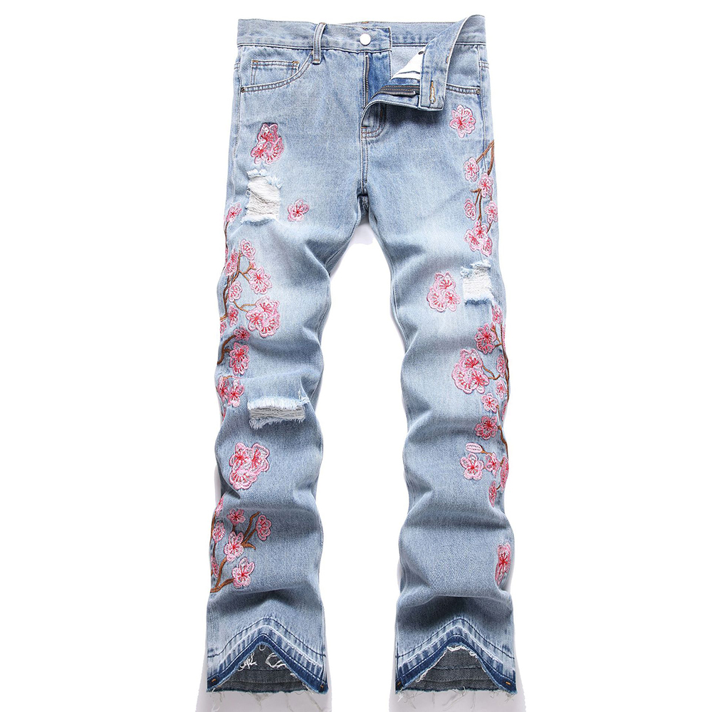Embroidery Jeans Sakura - Мужские джинсовые джинсы с цветочной вышивкой,