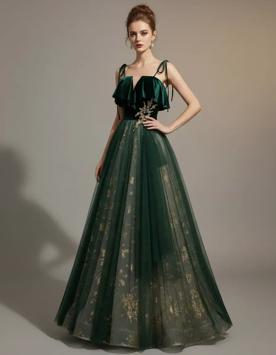 Embroidery Gold - Изумрудно-зеленое бархатное вечернее платье с тюлевой