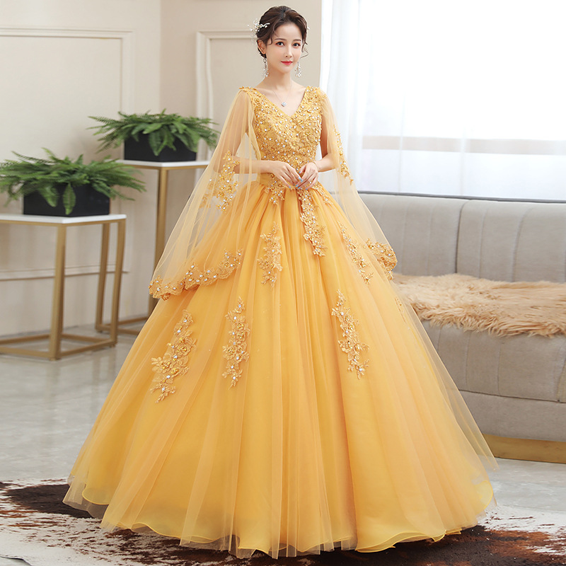 Embroidery Gold - Новое золотое вышитое длинное пышное платье